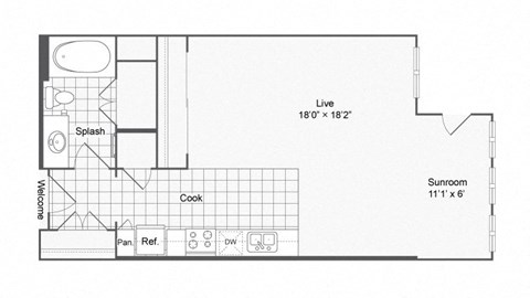 Floor plan for studio, 1 bath, 608 sqft